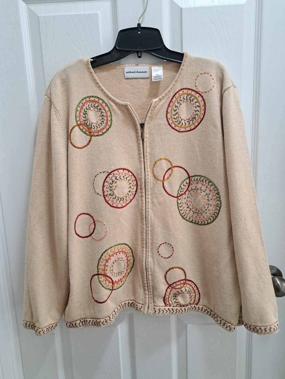 Alfred Dunner Beige Zip-Front Cardigan  Embroidered Size XL Cottagecore Vintage